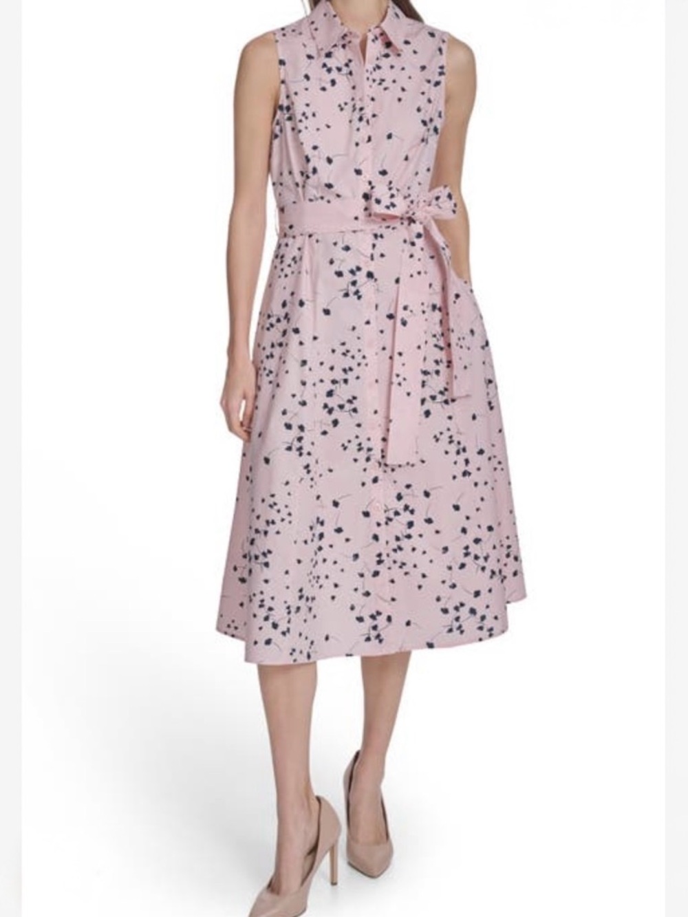 Calvin Klein Pink Printed Sleeveless Midi Shirtdress with Tie Waist